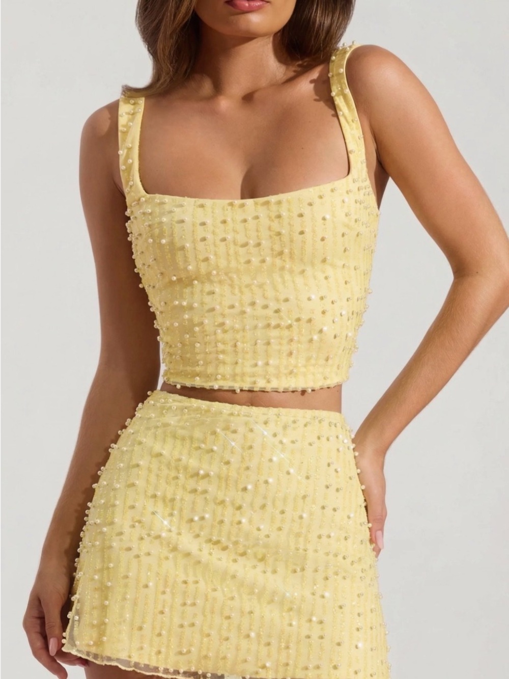 Oh Polly Yellow Beaded Mini Skirt